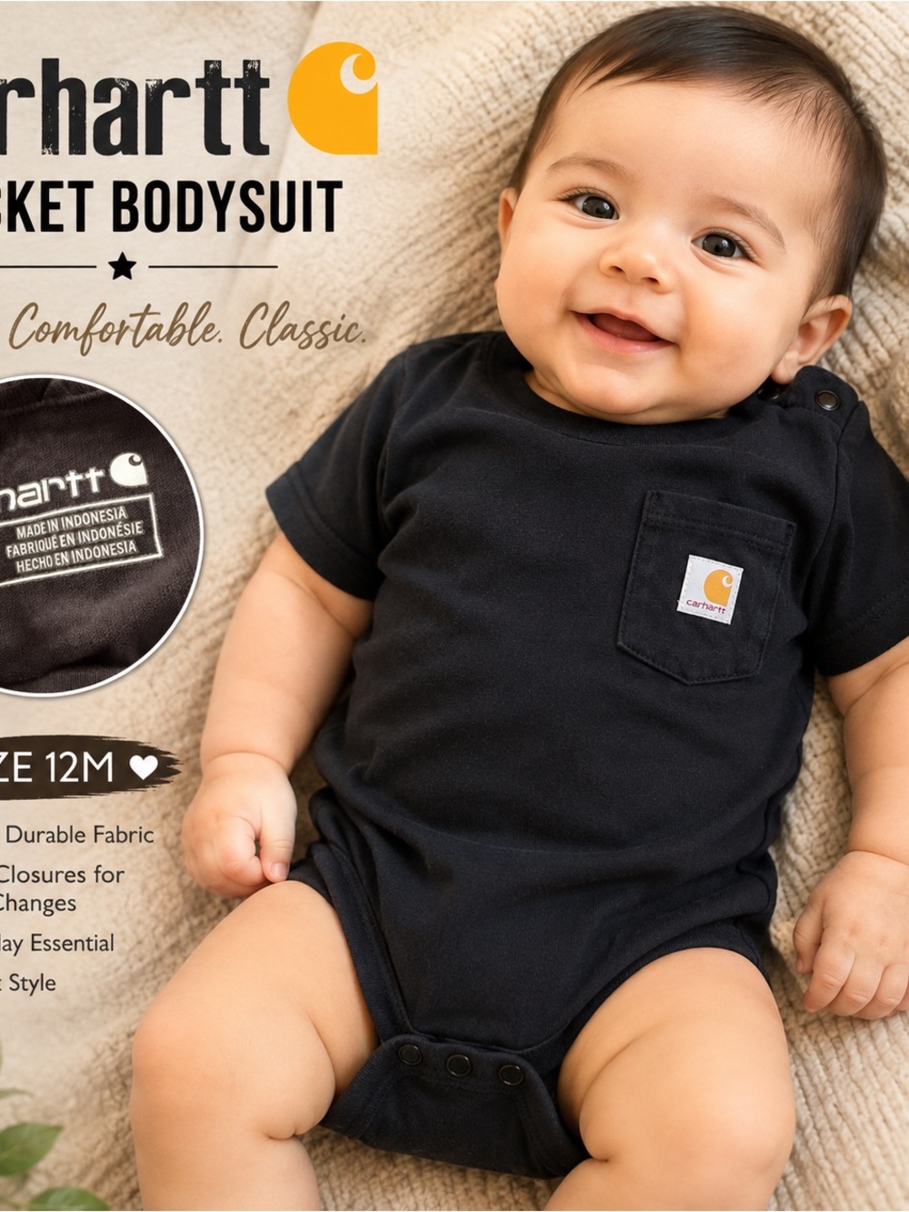 Carhartt Black Pocket Bodysuit for Kids - Classic Crew Neck